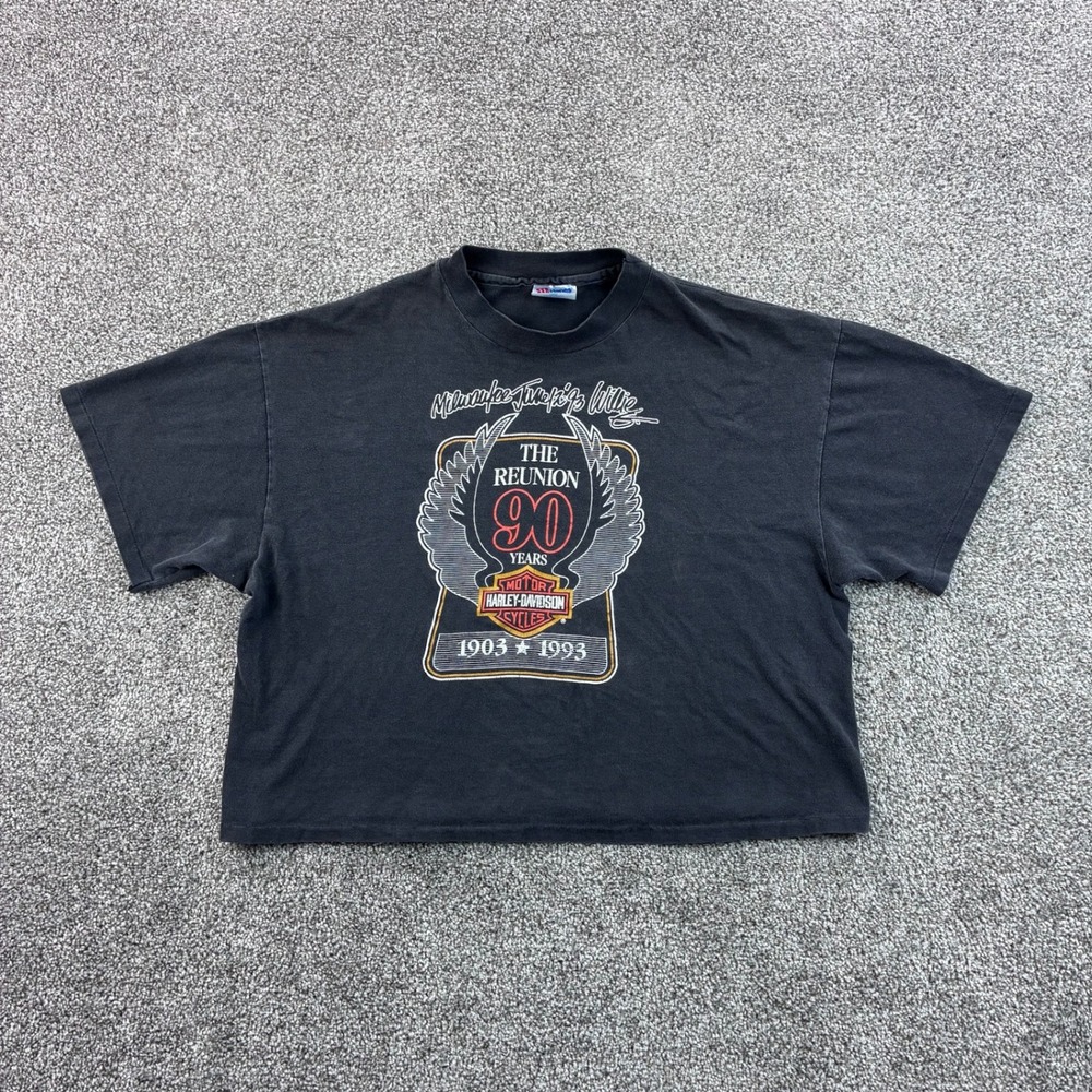 Vintage Harley Davidson Shirt Womens Large Black Cotton 90th Anniversary Cropped